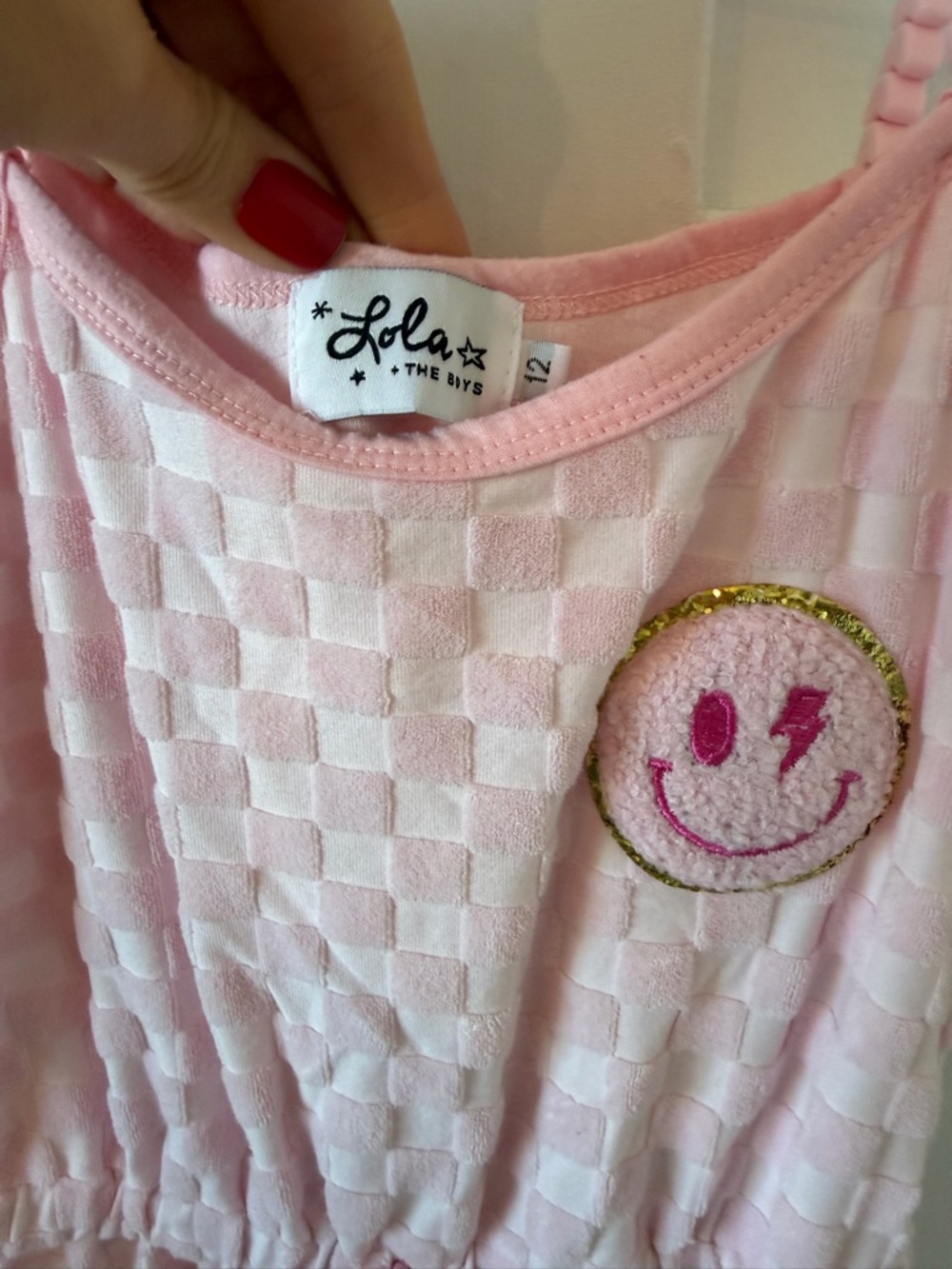 Lola and Boys Pink Check Terry Romper with Smiley Patch - girls size 12 - Picture 2 of 2